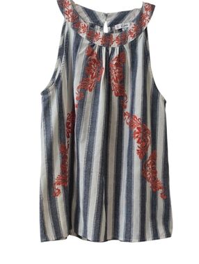 L. Love Navy and White Striped Halter Tank with Coral Embroidery Size L